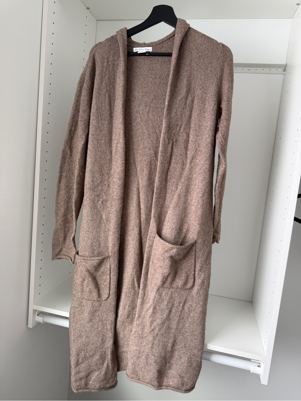Long Hooded Open-Front Cardigan with Pockets - Taupe